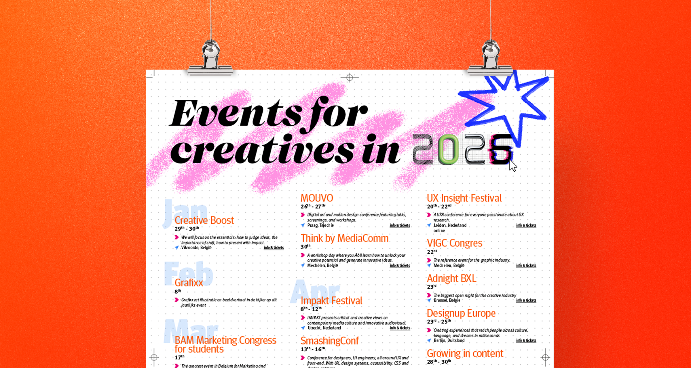 Een mockup van een kalender met events voor creatives in 2026